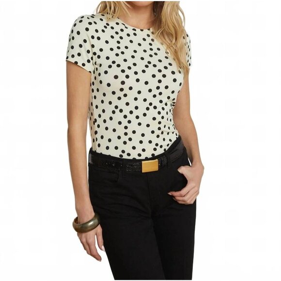 L'Agence Ressi Fitted Short Sleeve Tee in Ecru / Black Polka Dot Made in USA XS - Picture 2 of 8